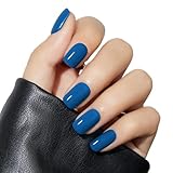 Modelones Blue Press on Nails, Short Square Fake Nails, Reusable Nail Kit with Nail Glue Adhesive Tabs Mini Nail File, Nails Press Ons 32Pcs 16 Sizes, Women Girl Gift