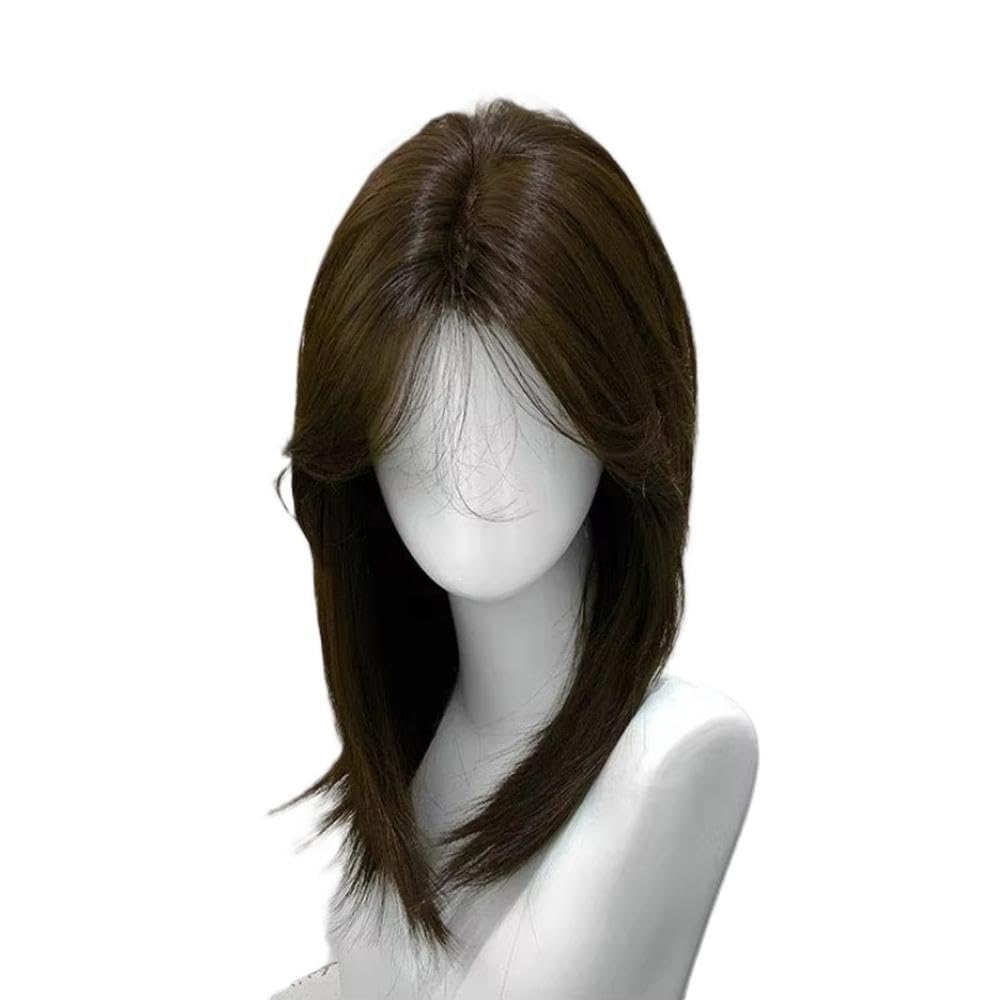 Haarpflege Schwarze Kurze Gerade Mittelteil Stufenhaar Perücke Für Damen Party Perücken Für Den Täglichen Gebrauch(Brown)