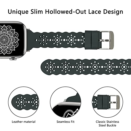 TopPerfekt Lace Leather strap Compatible Apple Watch 42mm 44mm 45mm 49mm Women Ultra Thin hollow out Breathable Leather strap Classic Clasp for iWatch Collection Ultra SE 8 7 6 5 4 3 2 1 Pine Green - Image 2