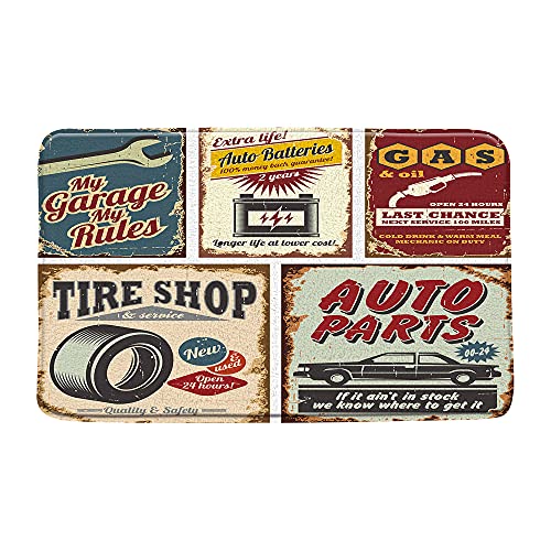 Antique Car Bath Mat 1950s License Plate Retro Country Garage Antique Accessories American Repair Poster Nostalgic Letter Bathroom Rug Indoor Carpet Bathtub Rugs with Lining 17.7 x 29.5 Inch