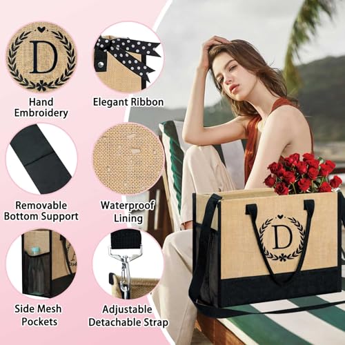 Image of GhvyenntteS Personalized Tote Bags for Women - Initial Jute Tote Bag & Makeup Bag, Birthday Gifts for Women Bridal Wife Mom Grandma Teacher Friend