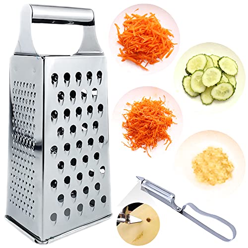 Vertical Stainless Steel Grating Four-Sided Boxed Grater+Peeler,Boxed Grater Stainless Steel with 4 Sides,for Fruit,Carrots,Cheese, Melon, Planing, Potatoes etc