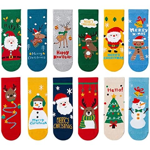 MarJunSep 12 Pairs Kids Christmas Socks Boys Girls Children Toddlers Funny Colorful Cute Cotton Holiday Socks Gifts (Christmas A, 1-3 Years) Cover