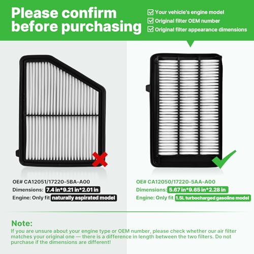 Image of Engine+Cabin Air Filter Fit for 2016-2024 Civic 1.5L, 2017-2022 CR-V 1.5L | All Only for Gas Version, Not Hybrid Version, CF11182, CA12050, 2Pcs, 99% Filtration Efficiency, Easy Install, Odor control