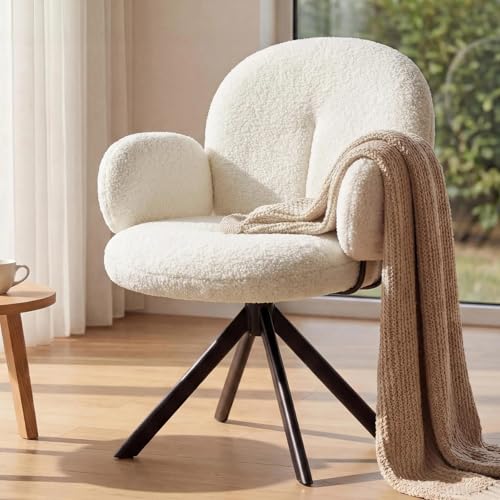 Cute Desk Chair No Wheels 360 Swivel Accent Chairs with Arms Modern Upholstered Dining Room Chairs with Tufted Cushion Accent Chairs for Home Office/Bedroom/Kitchen Teddy Sherpa Beige