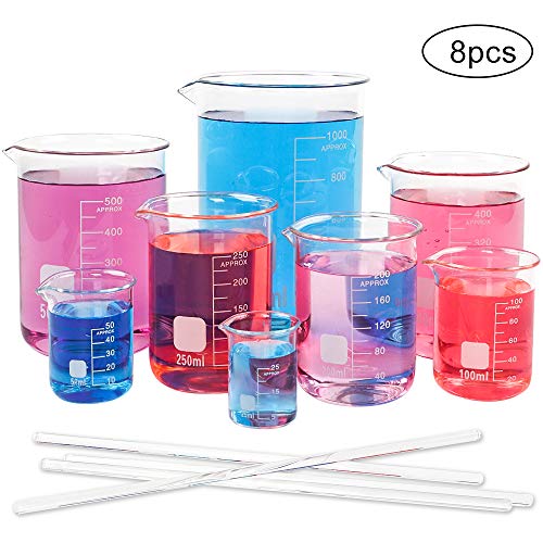 SUPERLELE 8pcs Glass Graduated Beaker Set 25, 50, 100, 200, 250, 400, 500