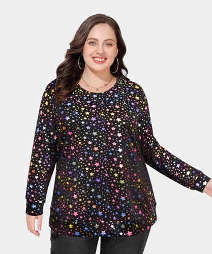 Image of CARCOS Plus Size Tops for Women Color Block Flower /Striped /Camo Crew Neck Long Sleeve Tee Shirt