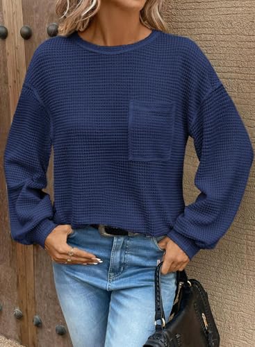 Image of Dokotoo Womens Waffle Knit Tops 2026 Oversized Long Sleeve Crewneck Shirts Business Casual Blouses Basic Shirts