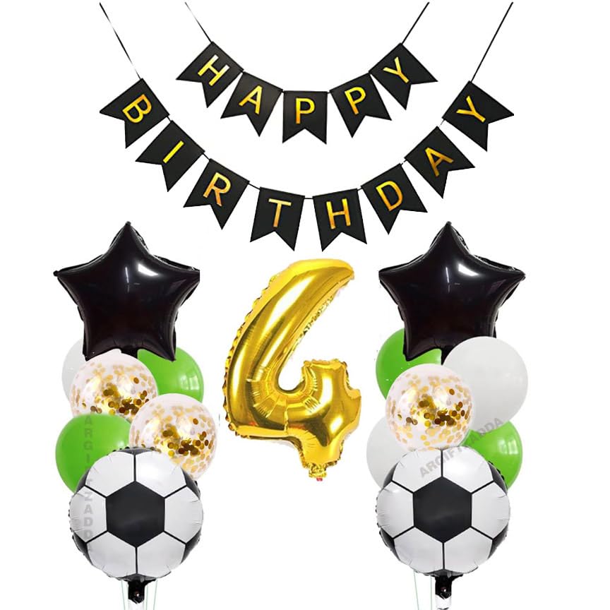 Image of AR GIFTZADDA 4D Football Black White Green Balloons for 4th Birthday, 24 Inch Soccer Foil Balloons Football Party Decorations for Boys Party World Cup Theme Party (4th Bday kit, Football Foil)
