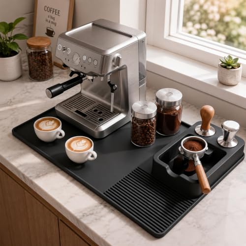 Image of Silicone Coffee Mat and Espresso Tamping Mat, Detachable Espresso Mat Accessories, Coffee Bar Mat Suitable for Use Under coffee Maker, Dish Drying Mat for Kitchen Countertop Protector, Black