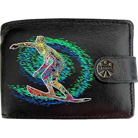 Pacific Surfer Surfing Wave Board Beach Surf KLASSEK Mens Wallet Real Black Leather RFID Blocking with Coin Pocket and Metal Gift Box Cover
