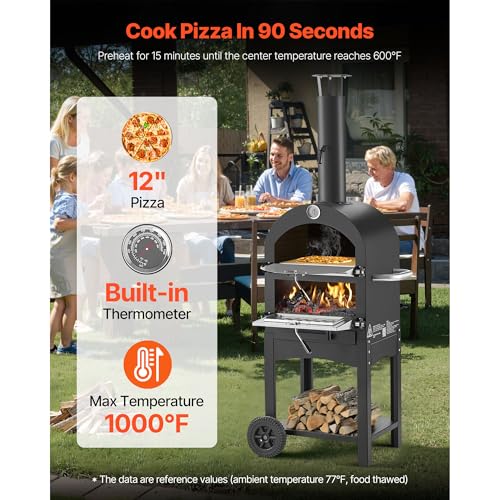 Image of VEVOR Portable Outdoor Oven, 12-inch Stand Pizza Oven with Casters, Pellet & Chips & Charcoal & Firewood Four Fuel, Baked Paint Pizza Grill, Includes Pizza Stone, Pizza Shovel, for Camping & Backyard