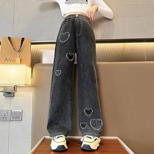 Girls Jeans Baggy Straight Leg Pants Elastic Waist Wide Leg Denim Pants Kids Jeans Casual Pant with (Black, 10-11 Years)2