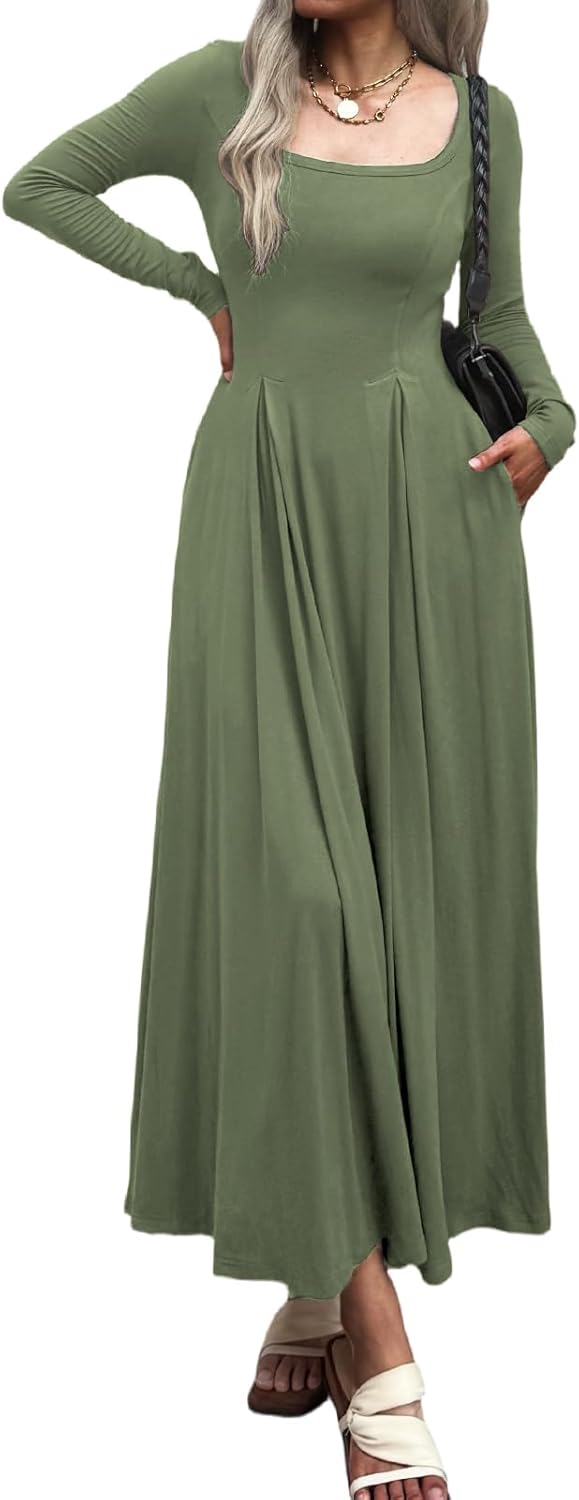 Women Long Sleeve Square Neck Maxi Dress A-Line Pleated Flowy Elegant Party Cocktail Winter Fall Dresses with Pockets