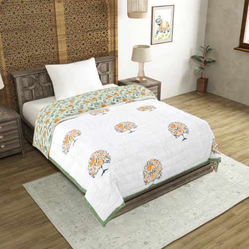 Image of BLOCKS OF INDIA Cotton Single Size Quilt Hand Block Print for Light Winters (60x90 Inches) (Green