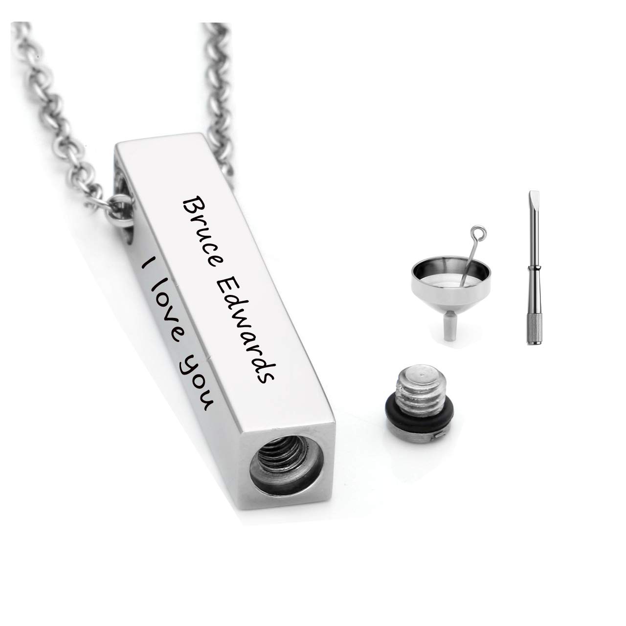 Jovivi Personalized Custom Stainless Steel Cube Bar Urn Necklace Engraving Memorial Ash Keepsake Pendant Cremation Jewelry w/Filler Kit