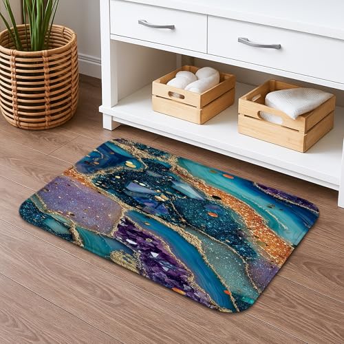 Alfombra de baño abstracta de secado rápido, con piedras preciosas azules y violetas, absorbentes, antideslizantes, decorativas, lavables, para baño, baño, 20 x 32 pulgadas