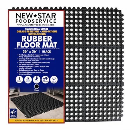 New Star Foodservice Commercial Grade Grease Resistant Anti-Fatigue Interlocking Rubber Floor Mat 36 x 36 Black