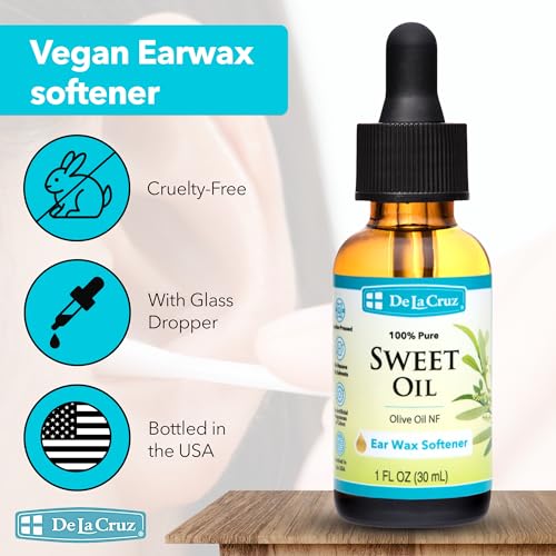 de la cruz ear wax remover and earwax softener 100 pure sweet oil for ears gentle and natural ear oil - 1 fl oz