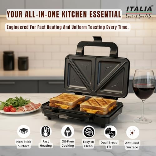 Image of ITALIA Premium Jumbo Sandwich Maker 900W | Non-Stick 2-Slice Triangle Toaster | Electric Panini Press with Cool Touch Handle & Oil-Free Cooking | 1-Year Warranty | Stainless Steel & Black