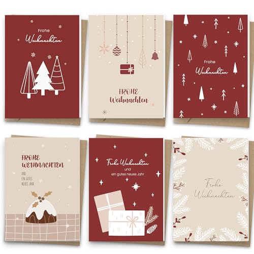 Weihnachtskarten - 24 Premium Klappkarten mit Umschlag Set - A6 Postkarten mit Rote Serie - Kleine...