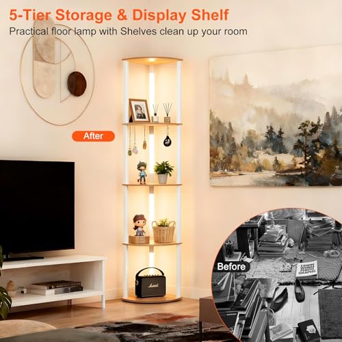 Image of Lightdot Corner Floor Lamps with Shelves, 64Inch 5-Tier Storage Shelf Lamp with Integrated LED Posts /Walnut Shelf /White Frame, White Display Floor Lamp for Living Room /Bedroom /Sofa Beside /Corner Decor
