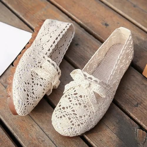 Women's Lace Ballet Flats Round Toe Fishnet Ballerina Flats Elastic Strap Mary Jane Ballet Shoe for Parties or Casual Dress Shoes Bowknot Cute Dressy Shoes for Wedding Party Daily2