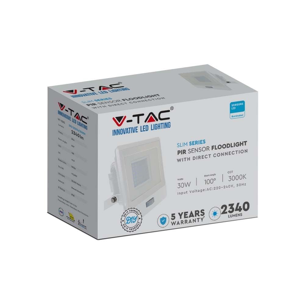 V-TAC Faro LED da Esterno con Chip Samsung 30W con Sensore PIR di Colore Bianco Impermeabile, Luce Bianco Freddo