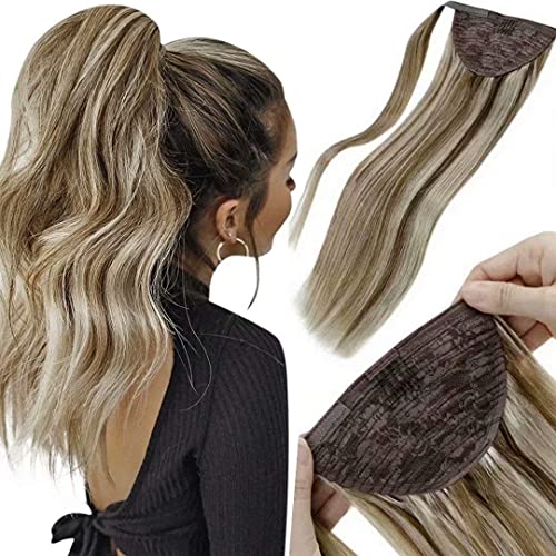 LaaVoo Ponytail Extension Real Human Hair Light Brown Mix with Light Blonde 18 Inch 80g Human Hair Clip in Wrap Around Ponytail One Piece Brazilian Hair