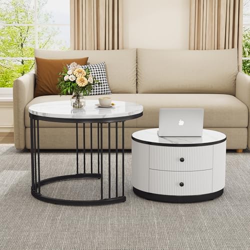LANTRO JS Couchtisch Rund 2er Set, Satztisch, Moderner, 2 Schubladen,Beistelltisch mit Marmoroptik für Wohnzimmer, Schlafzimmer,Balkon,Schwarz und Weißrahmen
