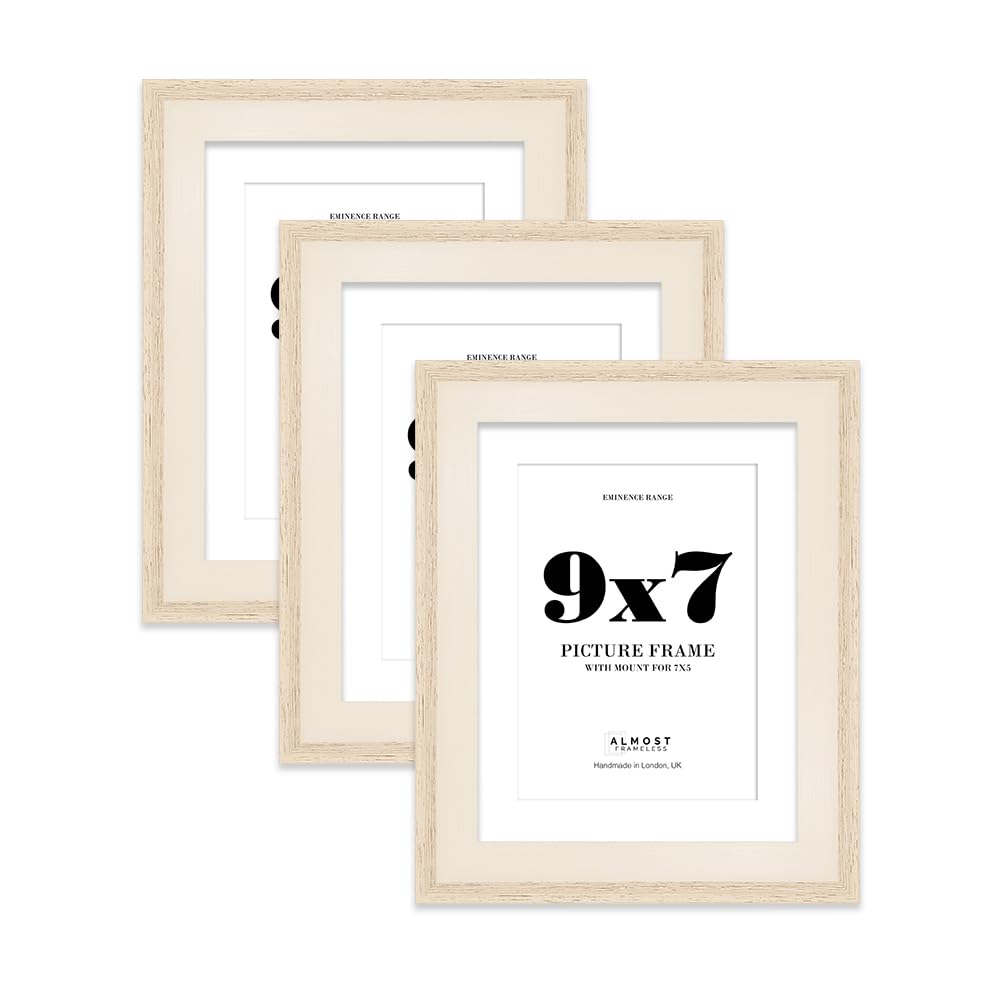 9x7" Oak Picture Frame with 7x5" Mount - Shabby Chic Photo Frame with Distressed Finish, Wall Hooks and Kickstand, 32mm Edge - 3 Pack