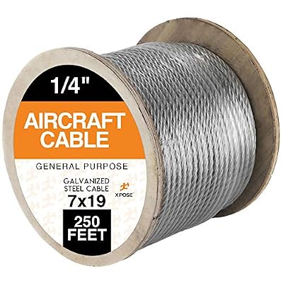 7 x 19 Galvanized Steel Aircraft Cable Wire - 1/4" - 250' Reel - 7,000 lb Break Strength Rope for Pulley System or Winch Loop - Marine Wire, Cable/Deck Railing, Fencing, Zipline - Xpose Safety