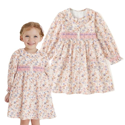 Curipeer Toddler Girl Long Sleeve Smocked Floral Dress Little Girls Cotton Pink Floral Smocked Dress in Fall and Spring Pink 6T