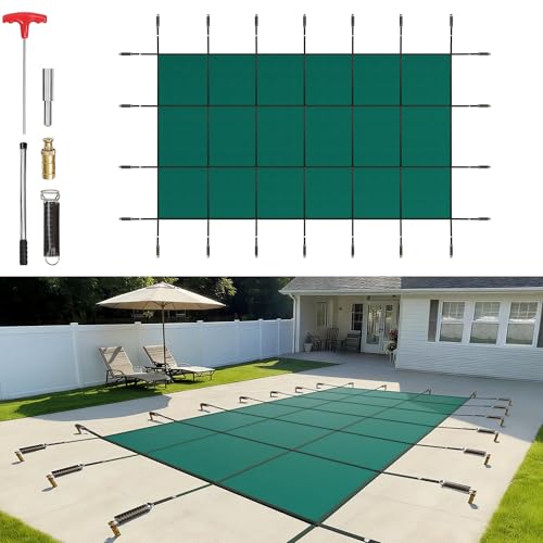 VEVOR Pool Safety Cover Fits 14x26ft Rectangle Inground Safety Pool Cover Green Mesh Solid Pool Safety Cover for Swimming Pool Winter Safety Cover