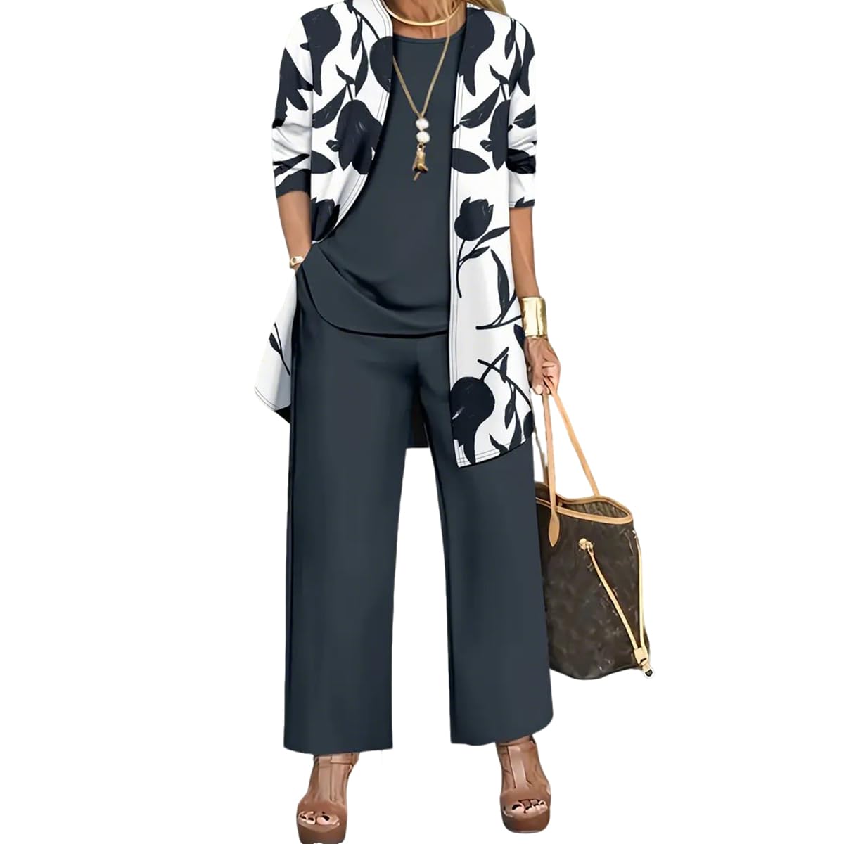 3 Piece Outfits for Women Long Sleeve Cardigan Sleeveless Top Wide Leg Pants Sweatsuit Sets Wedding Guest Pant