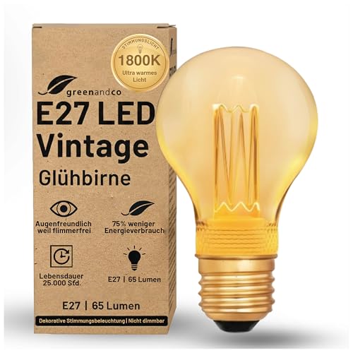 greenandco LED Vintage Glühbirne zur Stimmungsbeleuchtung | E27 A60 | gold | 2W 65lm | 1800K extra warmweiß | 320° | 230V | flimmerfrei | nicht dimmbar | Edison Glühbirne