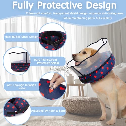 Image of Inflatable Dog Cone Collar with Enhanced Anti-Licking, Soft Neck Donut for Dogs Cats, Recovery Pet Cone Collar After Surgery for Large Medium Small Dogs (Love, Medium+)