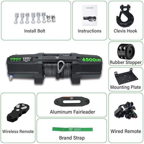 Image of TYT 6500 lb UTV Winch with Wireless Remote and Wired Switch,12 Volt DC Electric Trailer Winch,1 /4 inch x 50FT Synthetic Rope Winch with Rubber Stopper and Mounting Plate