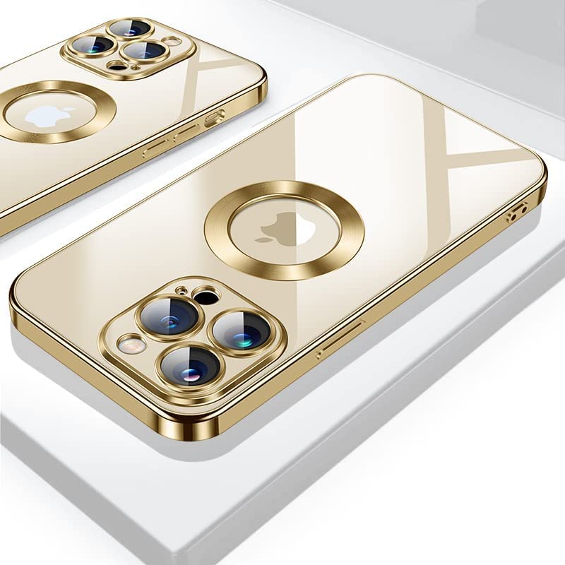 Image of VONZEE Clear Logo Electroplating Transparent Case for iPhone 14 Pro Max Case 6.7 inch 2022, Luxury Electroplated TPU Cover, Individual Camera Protection for Each Lens Bumper Case (Gold)