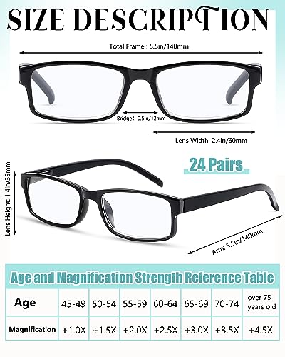 Image of Yexiya 24 Pack 0.5 Reading Glasses Bulk Adjustable Traditional Reading Glasses with Spring Hinge Non-prescription for Men Women, Black Frame