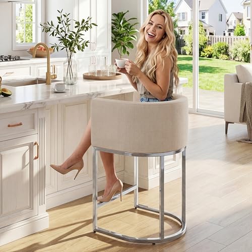 Image of HNY Modern Counter Height Linen Cream Fabric Upholstered Counter Stool, 24 Inch Kitchen Island Stool with Chrome Finish Metal Frame