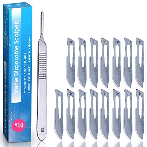 Pack of 15 Surgical Blades 10 and Stainless Steel Scalpel Handle, Size 10 Scalpel Blades with Handle, High Carbon Steel Dermablade Surgical 10 Blades with Stainless Steel Handle