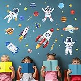 Yovkky Space Astronaut Spacecraft Wall Decal, Galaxy Solar System Planet Peel Stick Sticker Watercol