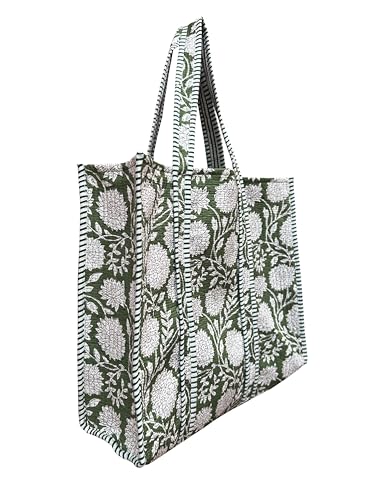 Image of Quilted Cotton Hand printed Reversible Large multicolor cotton Tote Bag,Indian Handmade Block Printed Tote Bag Women Handbag
