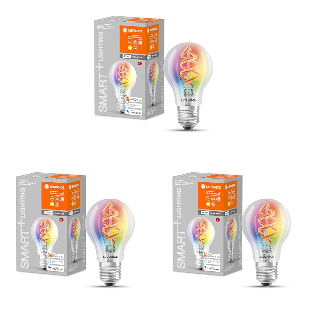 LEDVANCE Smarte LED-Lampe mit Wifi Technologie, E27, RGB-Farben änderbar, Birnenform, Farbiges Filament als Stimmungslicht, Ersatz für herkömmliche 60W-Glühbirnen, steuerbar mit Alexa, Google & App