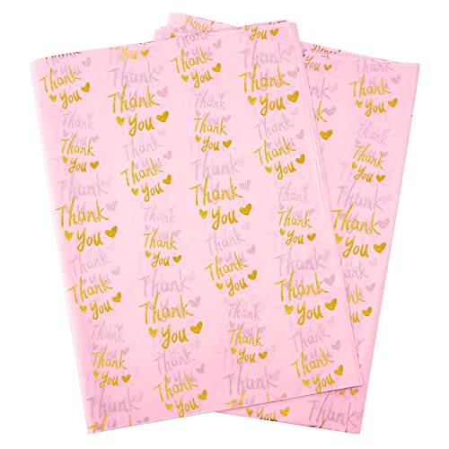 MR FIVE 50 Sheets Gold Thank You Paper Bulk, 20" x 14", Gift Packaging Tissue for Small Business (Pink)