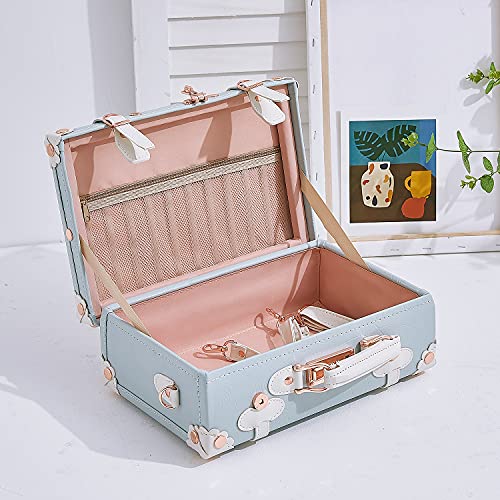 Image of UNIWALKER Vintage Suitcase Set for Women, 2 Piece Handcraft Leather Spinner Trunk Luggage with Cosmetic Train Case, 24 inch+12 inch, Embossed Blue