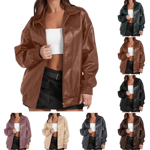 Guhmomh Lederjacke Damen Motorrad Jacke Mode übergangsjacke Oversized Kunstlederjacke Zip up Lederimitat Jacke Leder Mantel Freizeit Bikerjacke Bomberjacke College Jacke Streetwear Teenager Braun XXL Guhmomh Lederjacke Damen Motorrad Jacke Mode übergangsjacke Oversized Kunstlederjacke Zip up Lederimitat Jacke Leder Mantel Freizeit Bikerjacke Bomberjacke College Jacke Streetwear Teenager Braun XXL