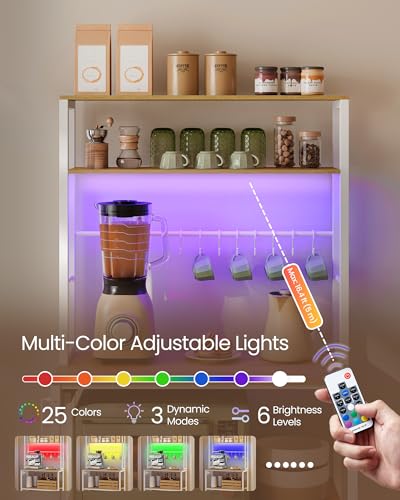 Image of VASAGLE Coffee Bar with LED Lights, Kitchen Bakers Rack with Power Outlet, Microwave Stand with Adjustable Shelves, 8 Hooks, 15.7 x 31.5 x 65.7 Inches, Golden Oak and Matte White UKKS050Y01