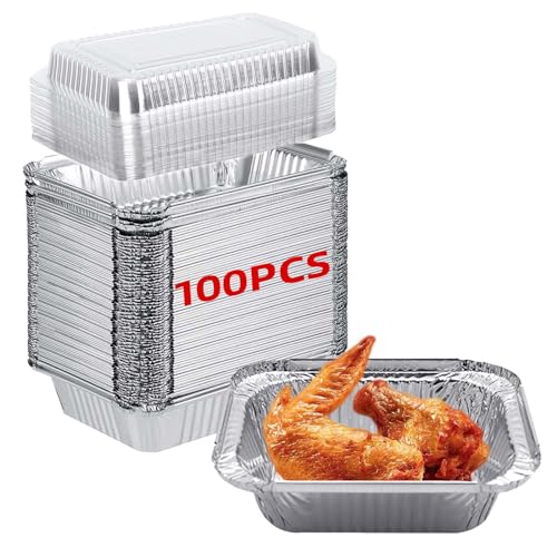 VTZAQZSS Charolas de Aluminio, 100 piezas Charolas para Hornear, Moldes de Aluminio para Hornear con Tapas Transparentes, 14 x 12 cm (300ml)